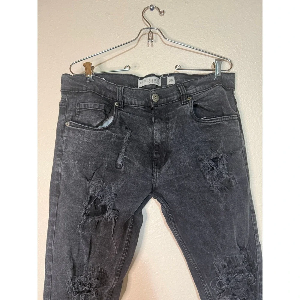 Evolution In Design Mens Black Distressed Ripped Denim‎ Slim Jeans 36x32